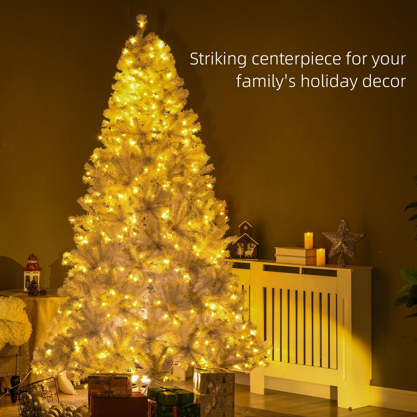 7.5 ft prelit white Christmas tree glowing warmly in a cozy living room holiday setting