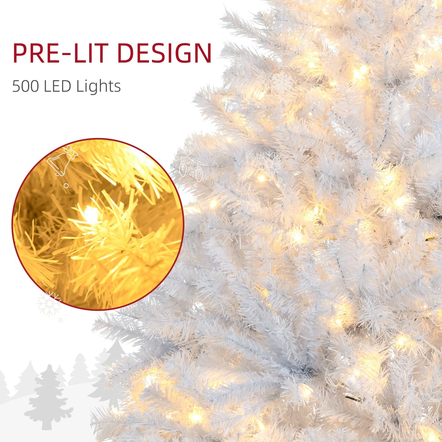 7.5 ft prelit white Christmas tree with 500 warm white LED lights for festive decoration