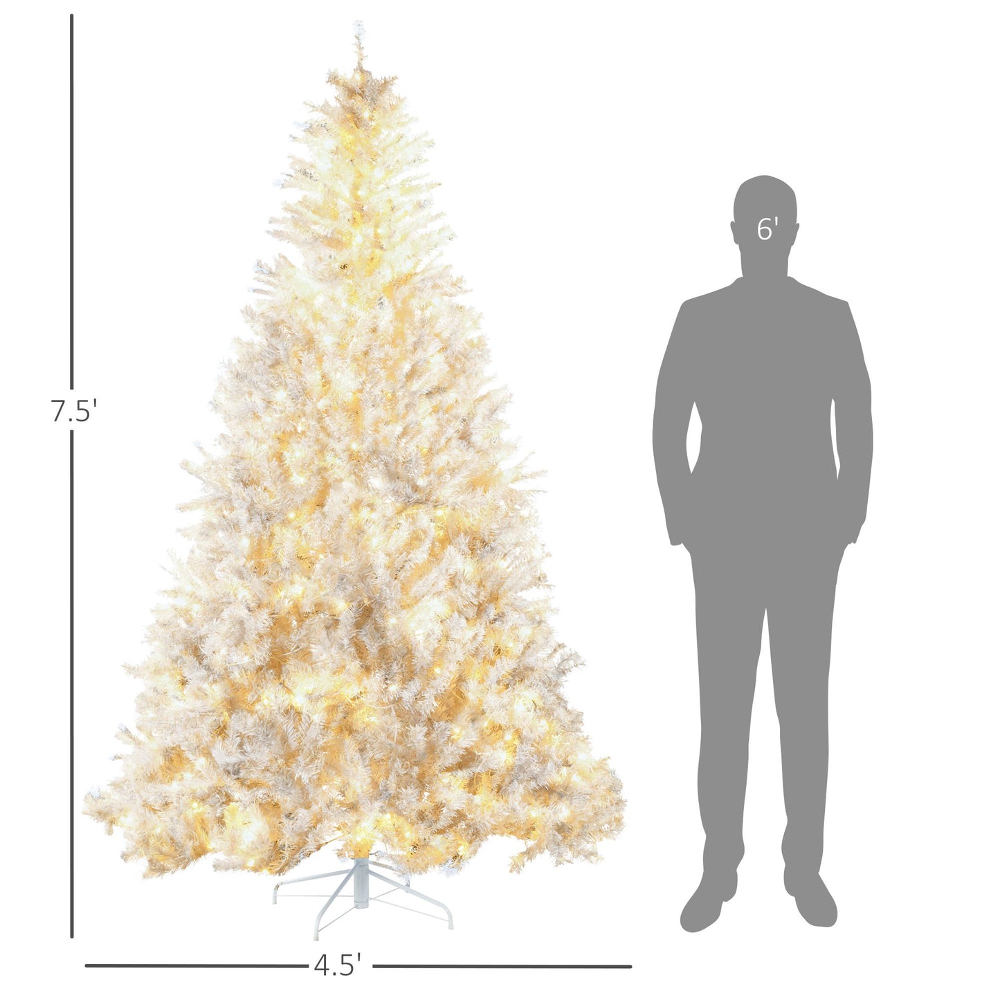 7.5 ft prelit white Christmas tree with warm lights and metal stand next to six foot tall silhouette
