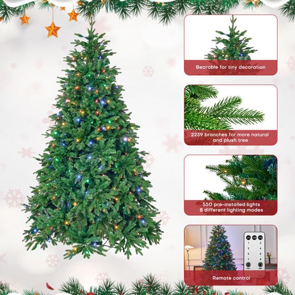 7.5ft artificial Christmas tree with 2239 branches and 550 pre-installed lights for festive decor