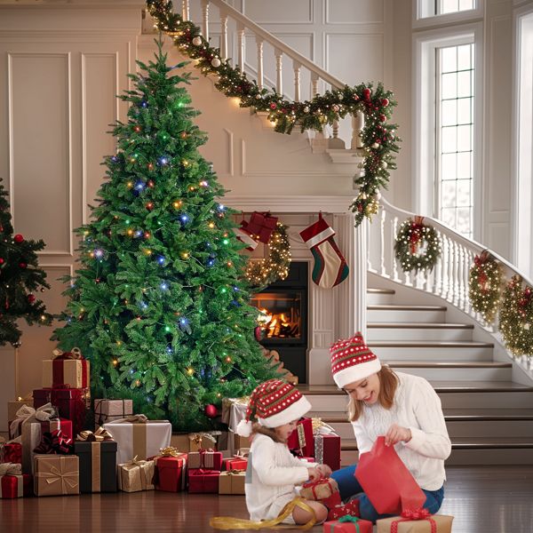 Festively decorated living room with a 7.5ft artificial Christmas tree and children opening gifts