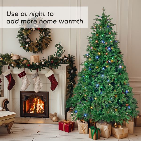 7.5ft artificial Christmas tree decorated with lights, glowing in a cozy living room setting