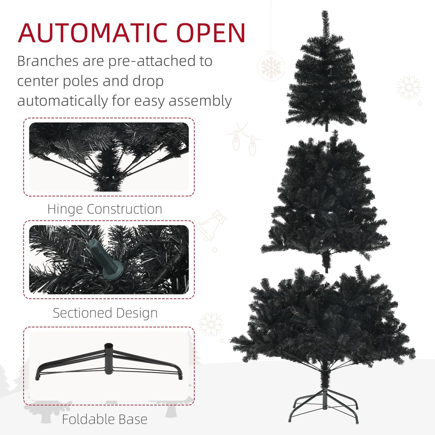 9ft black artificial Christmas tree with automatic open branches for easy assembly and foldable base