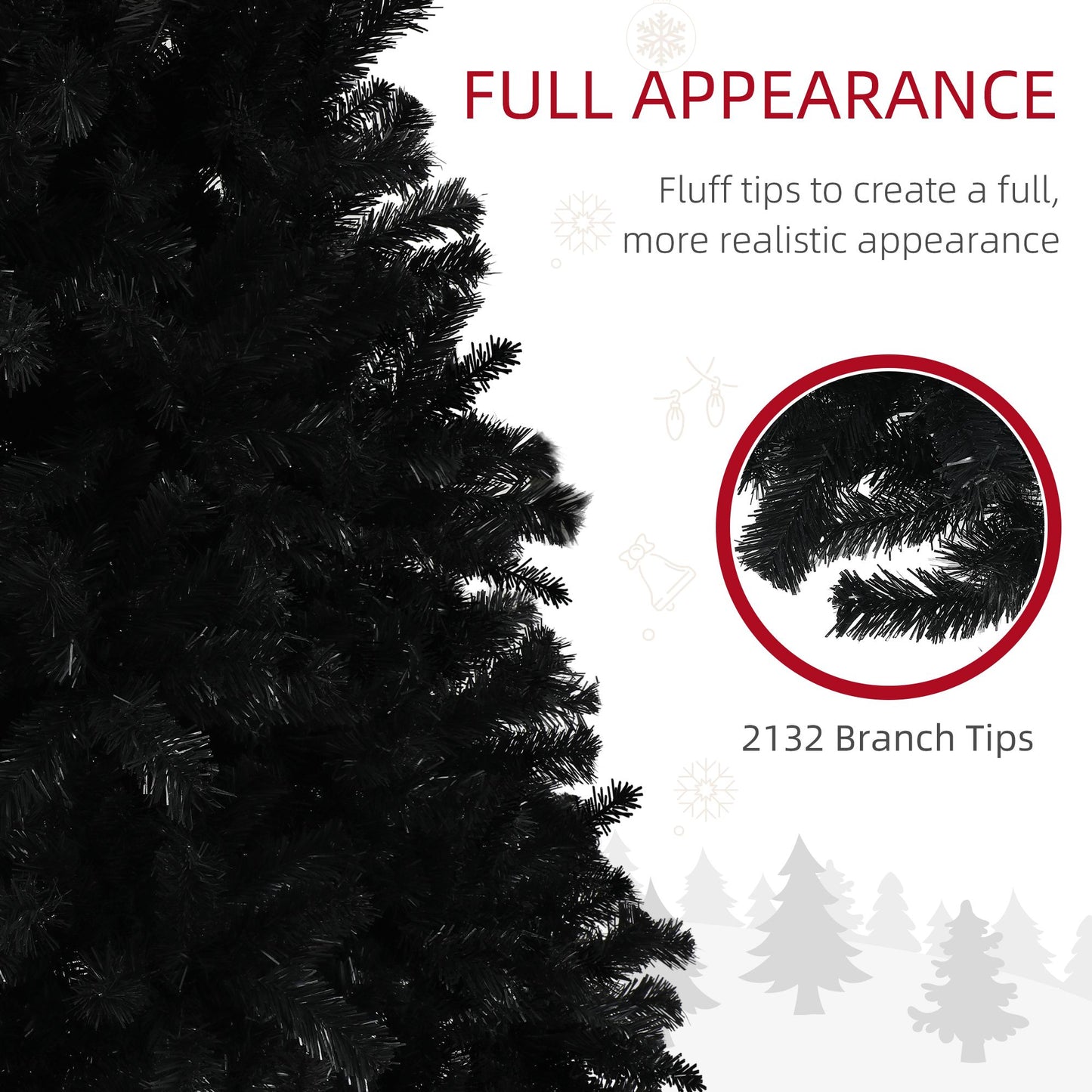 9ft black artificial Christmas tree with 2132 branch tips for a full and realistic appearance