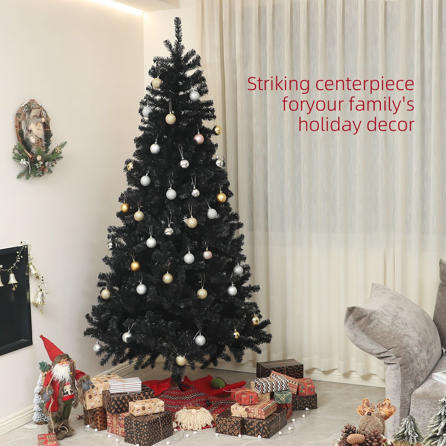 9ft black artificial Christmas tree adorned with ornaments, brightening holiday decor for family gatherings