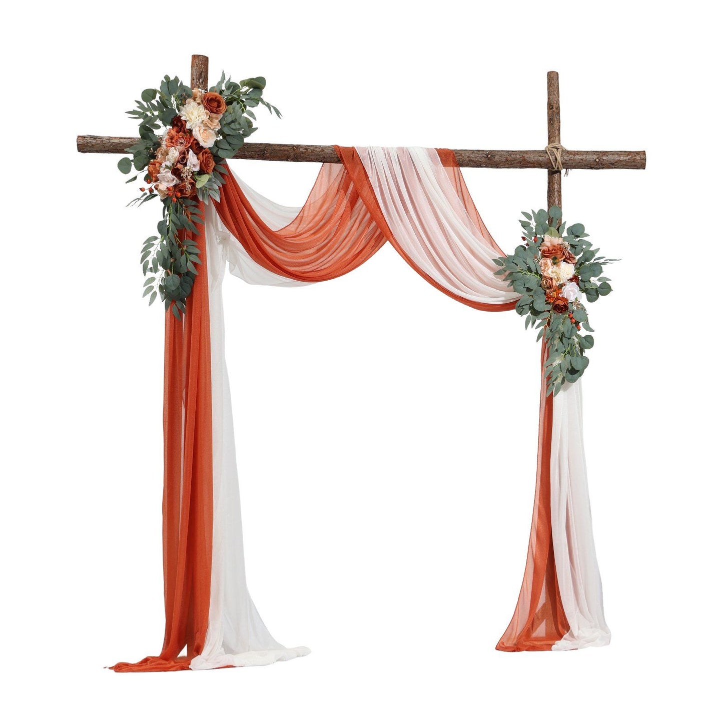 Rustic wooden wedding arch decorated with burnt orange wedding arch flowers and white draped fabric