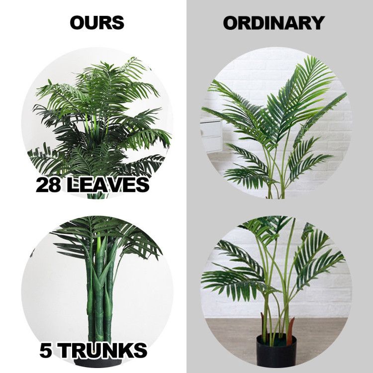 Comparison of artificial areca palm tree with 28 leaves and 5 trunks vs an ordinary plant