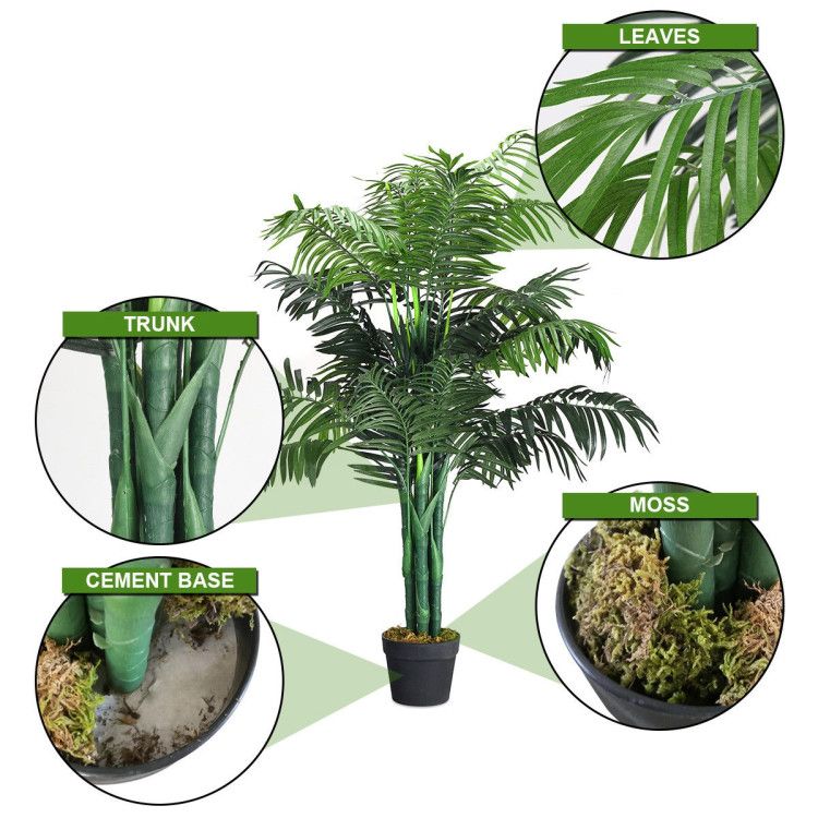 Artificial areca palm tree with detailed leaves, sturdy trunk, and cement base for realistic home decor.