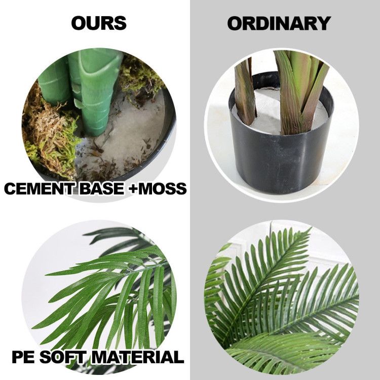 Comparison of artificial areca palm tree with cement base, soft leaves, and moss versus ordinary versions