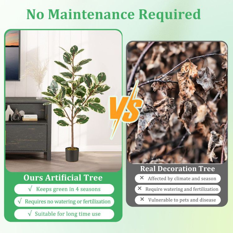Side by side image comparing artificial bird of paradise plant with a real decoration tree showing maintenance benefits