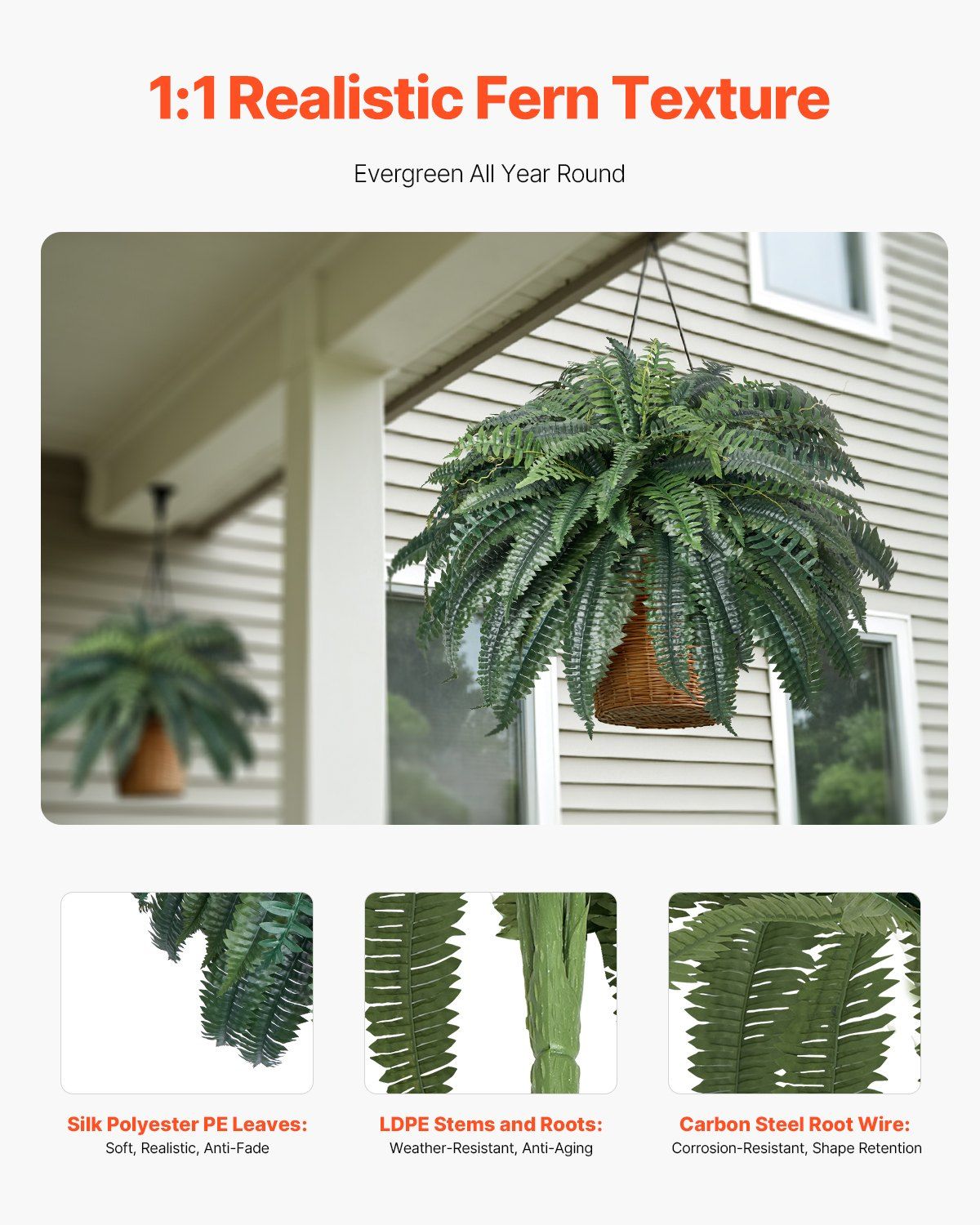 Artificial Boston fern plant with realistic silk polyester leaves hanging on porch outdoors