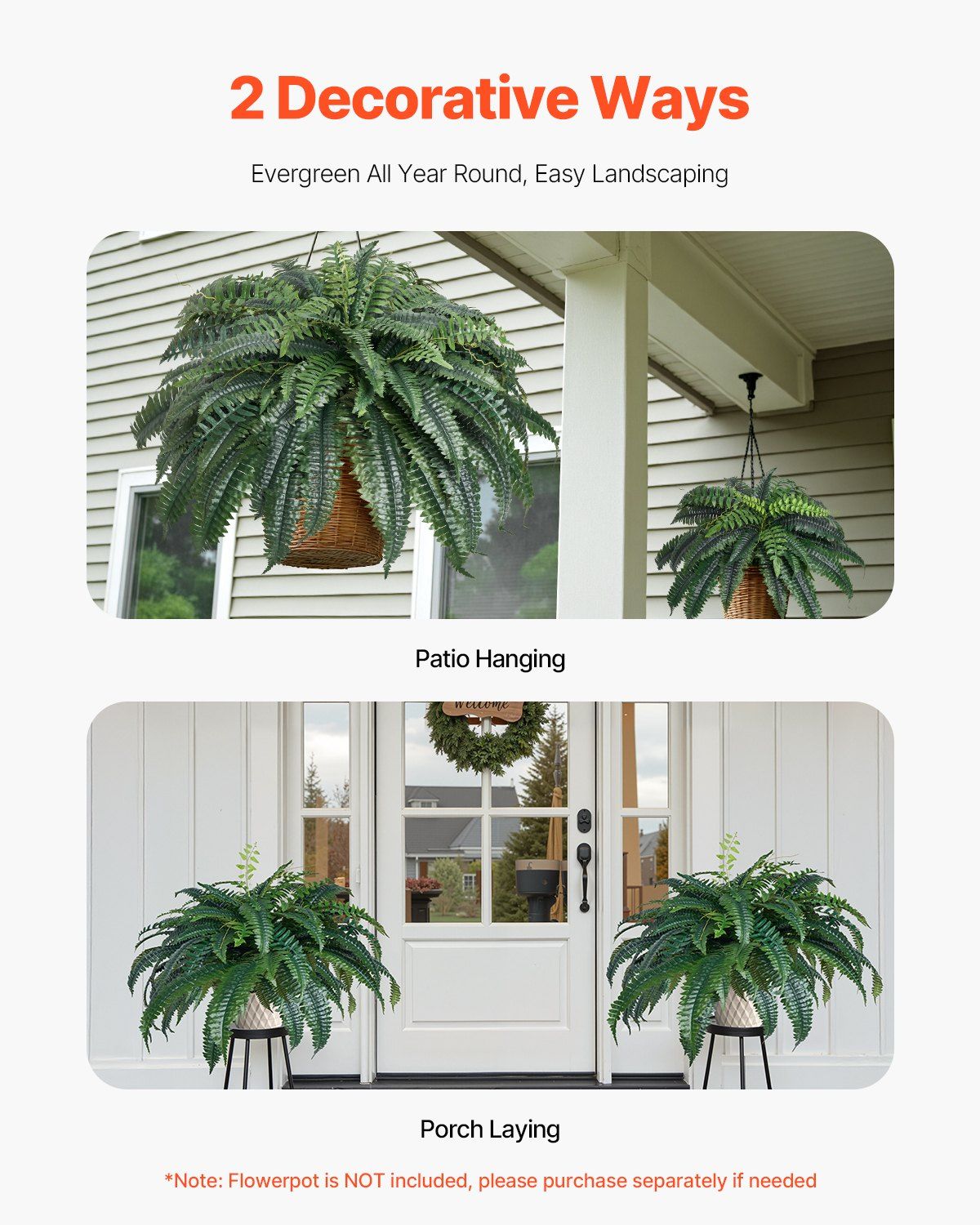 Artificial Boston fern plant shown hanging on patio and placed on porch for year-round decoration