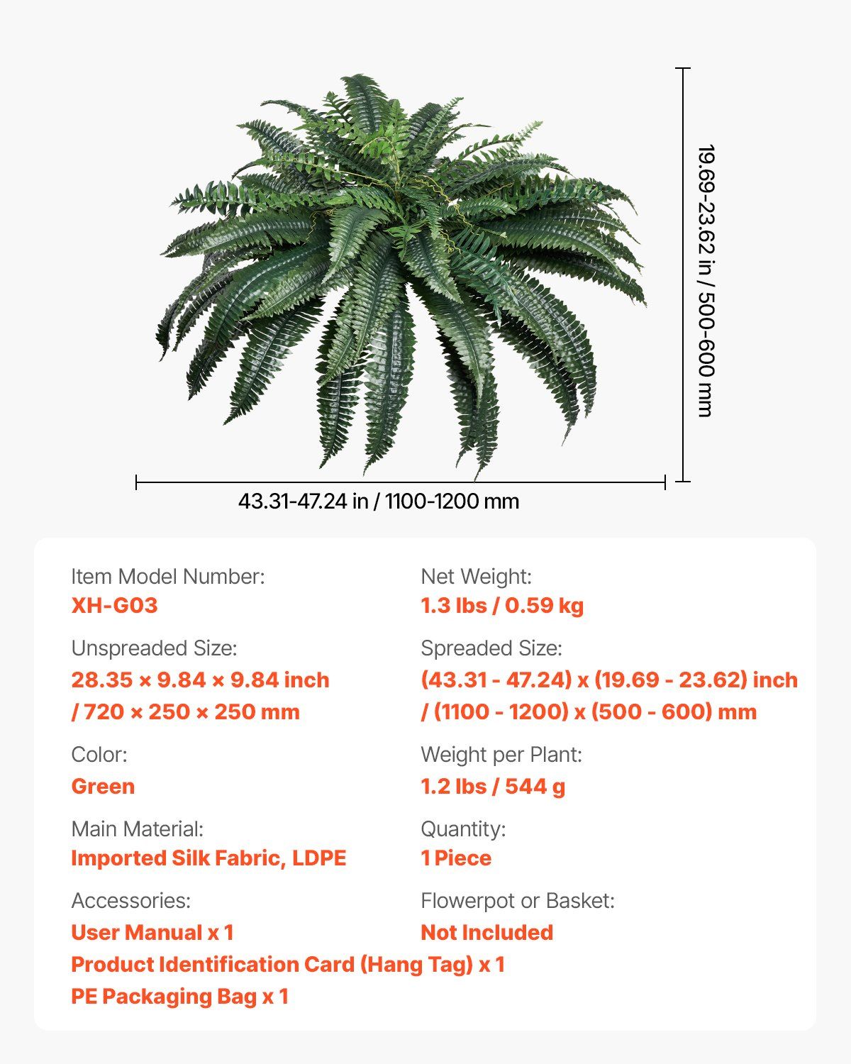 Artificial Boston fern plant with lush green leaves measuring 43 inches wide and 20 inches tall