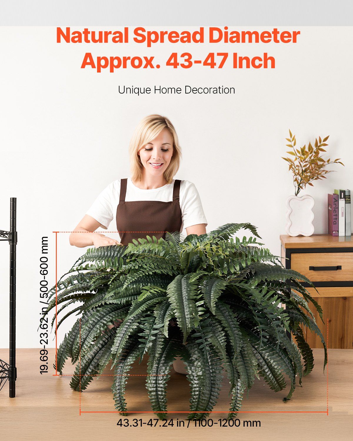 Large artificial Boston fern plant with natural spread diameter 43 to 47 inches for home decoration