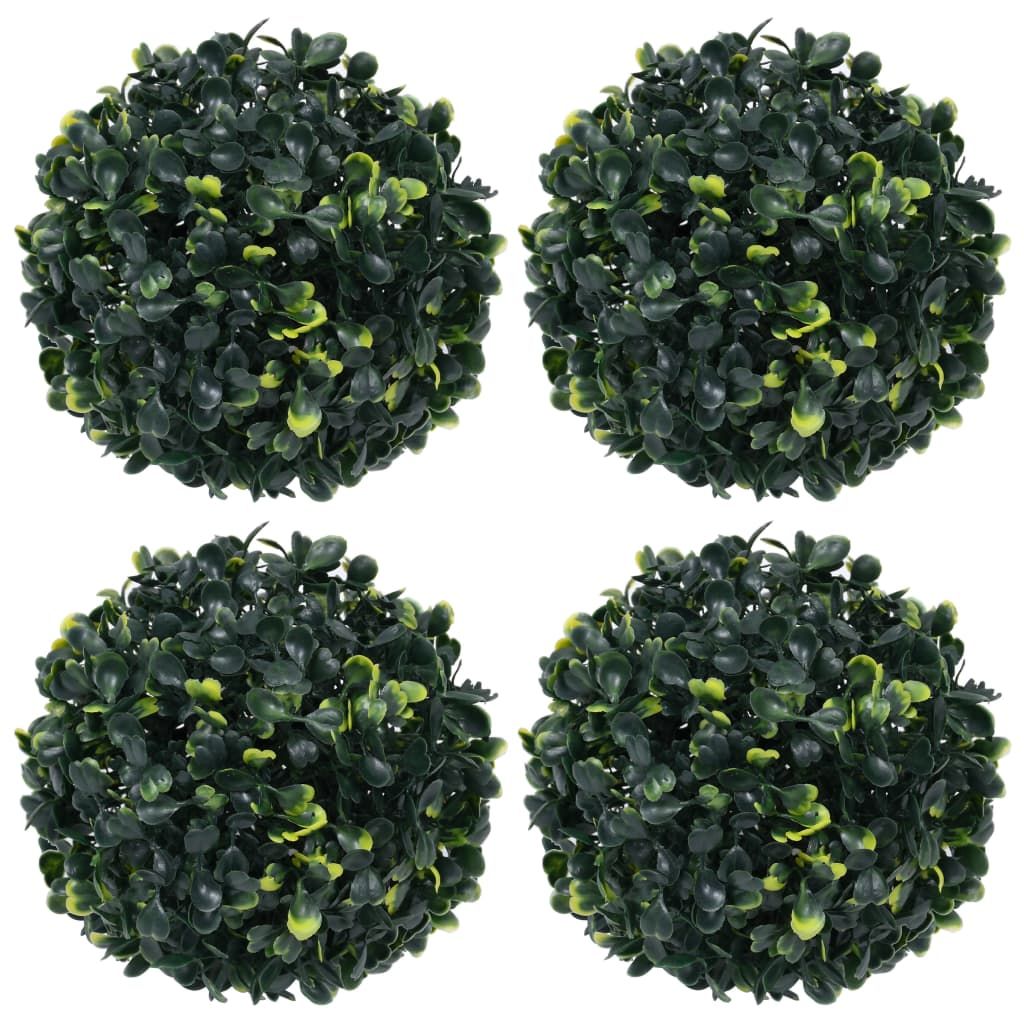 Set of four artificial boxwood balls for home decor and landscaping, adding greenery without maintenance
