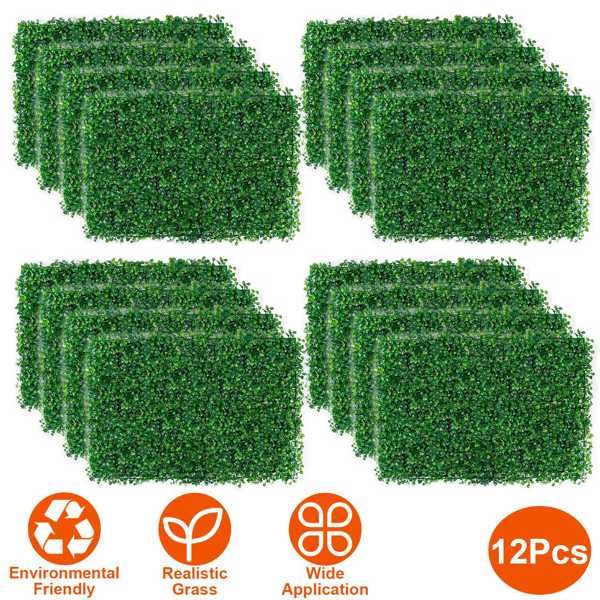Set of 12 artificial boxwood hedge panels featuring vibrant green leaves for decorative use