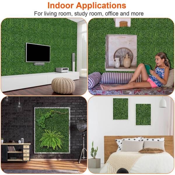 Artificial boxwood hedge panels used for stylish indoor applications in various home settings
