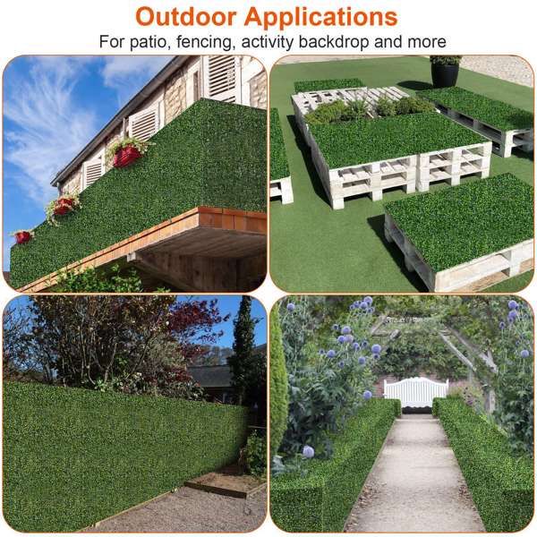 Artificial boxwood hedge panels displayed in outdoor applications for patios, fencing, and event backdrops