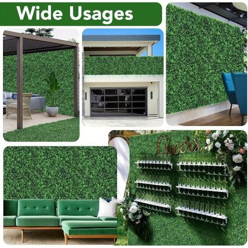 Various uses of artificial boxwood hedge panels for outdoor privacy, balcony railing, indoor wall decor, and event display