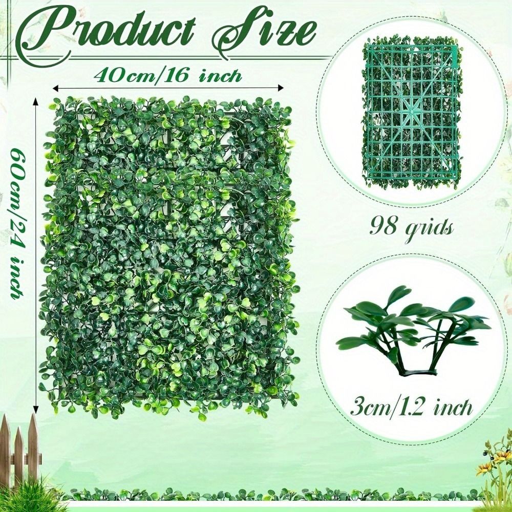 Artificial boxwood panels for wall decor showing 40 by 60 cm panel with 98 grid design and 3 cm leaf size