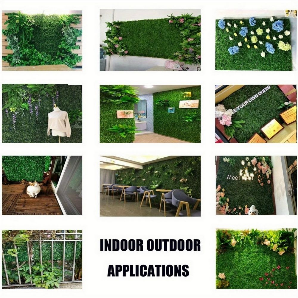 Various uses of artificial boxwood panels for wall decor in indoor and outdoor settings with greenery and floral accents
