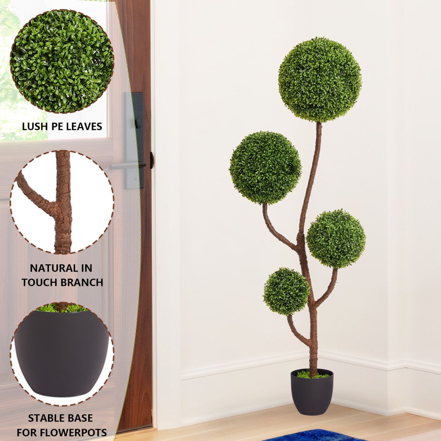 Artificial boxwood topiary with lush green leaves and a stable base for flowerpots