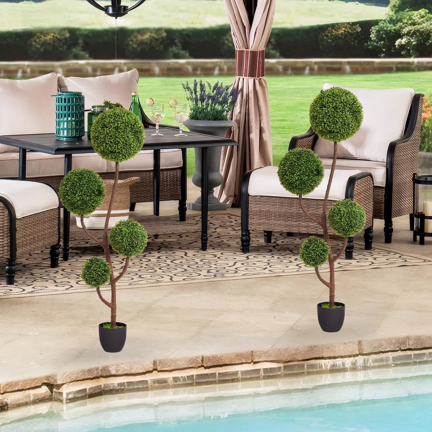 Elegant artificial boxwood topiary in decorative planters for indoor and outdoor decor