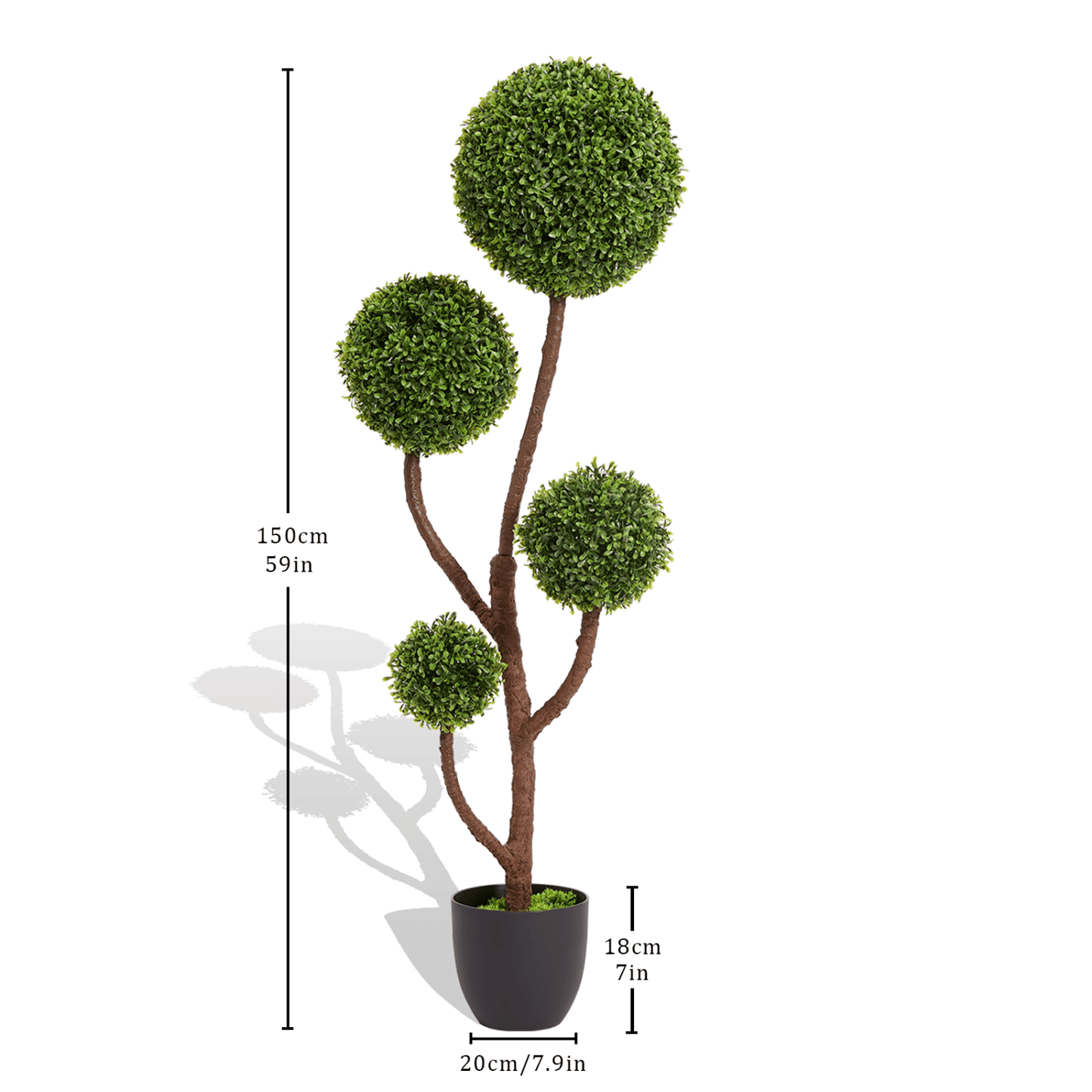 Artificial boxwood topiary with three round green shrubs in a black pot, 150cm tall for home decor