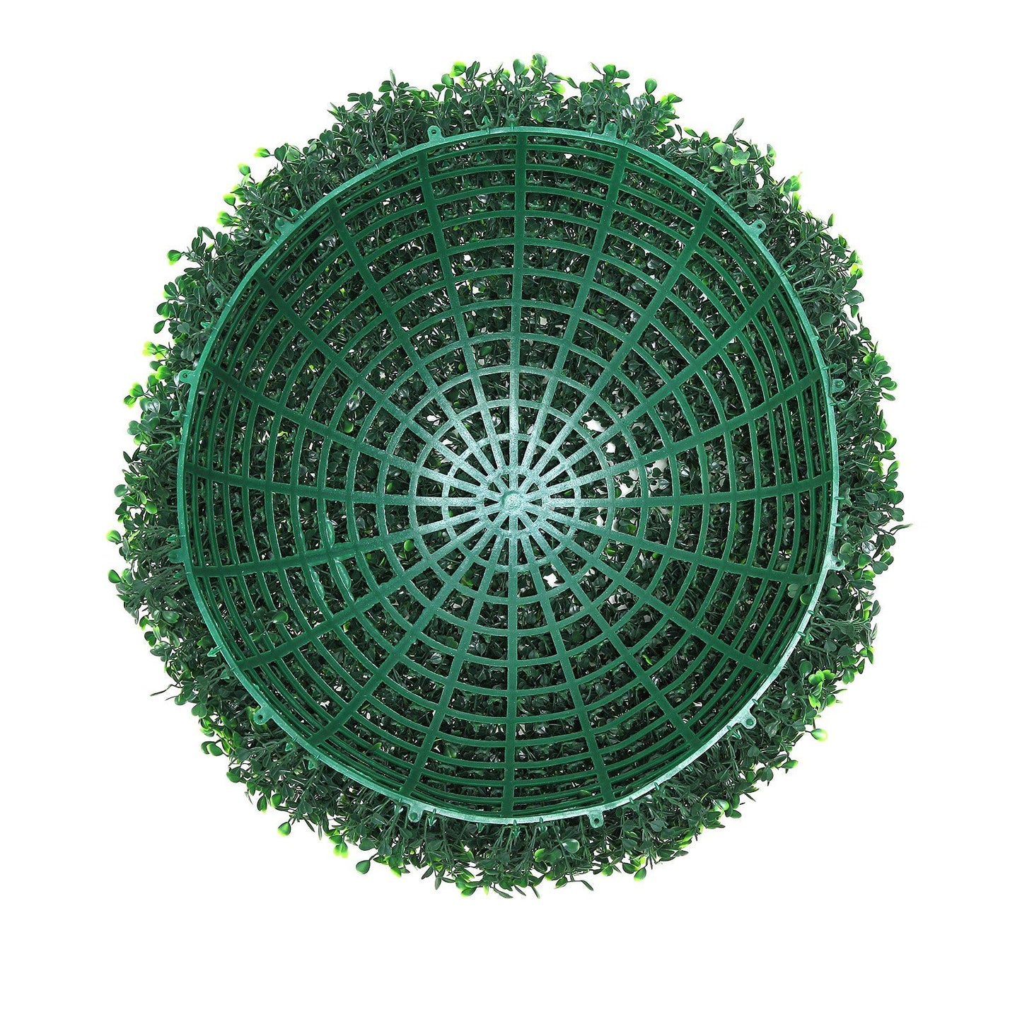 Top view of artificial boxwood topiary balls with green grid base from FauxMart.com