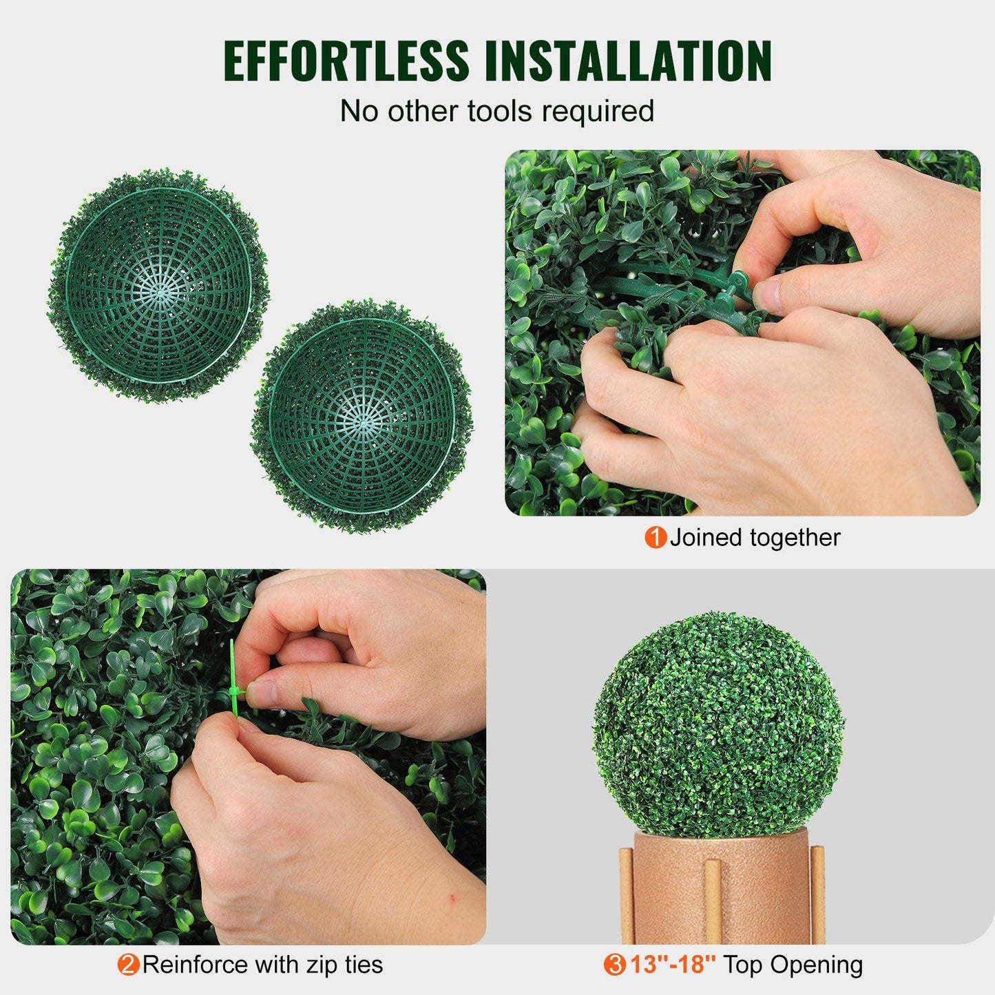 Effortless installation of artificial boxwood topiary balls with zip ties for secure attachment