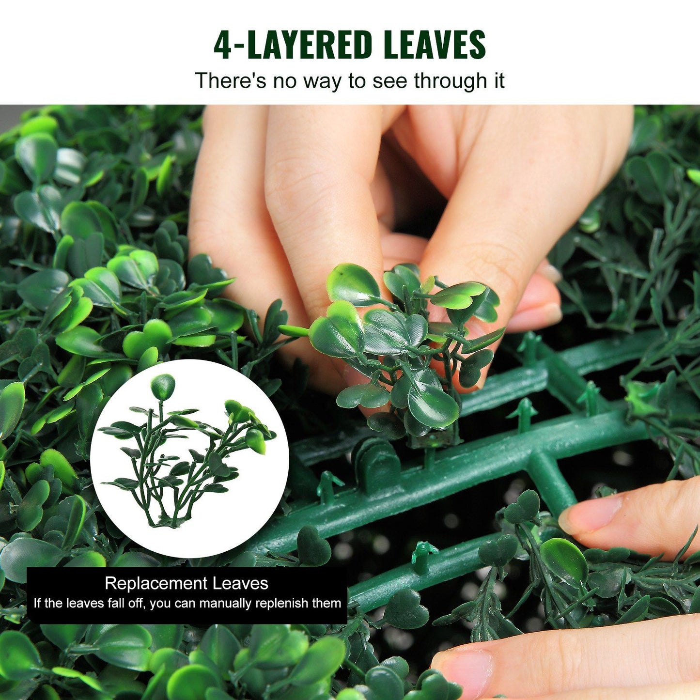 Close-up of hands attaching replacement leaves to artificial boxwood topiary balls with dense 4-layered leaves