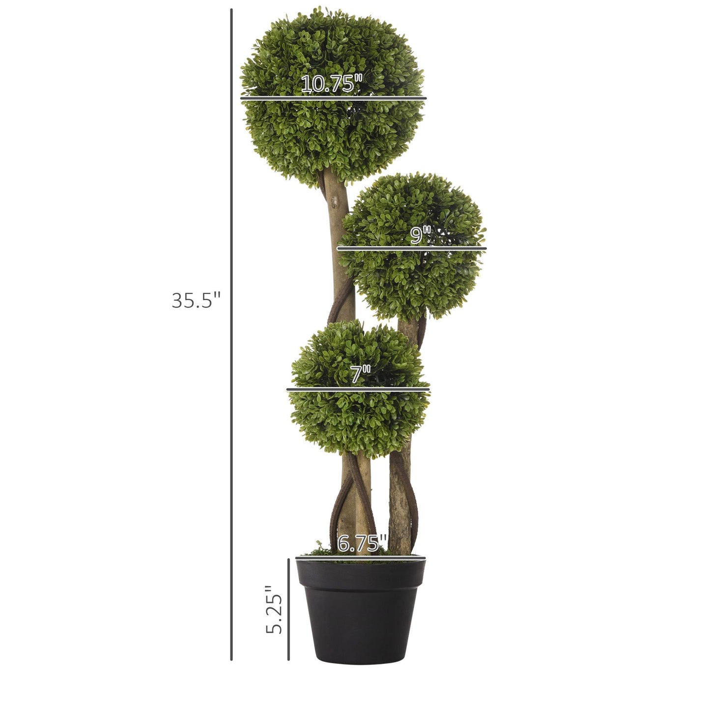 Three-tier artificial boxwood topiary balls with twisted trunk in a black pot, 35.5 inches tall