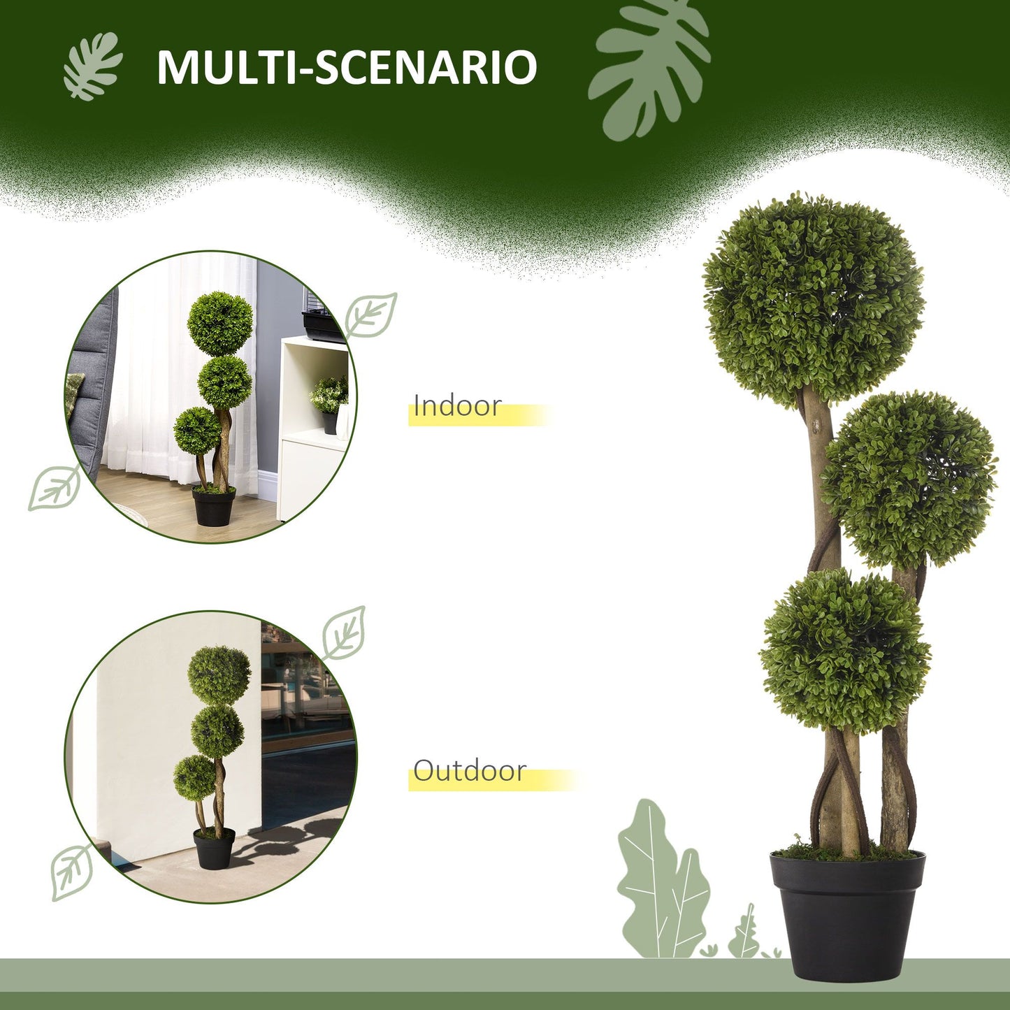 Artificial boxwood topiary balls in a decorative planter for indoor and outdoor decor
