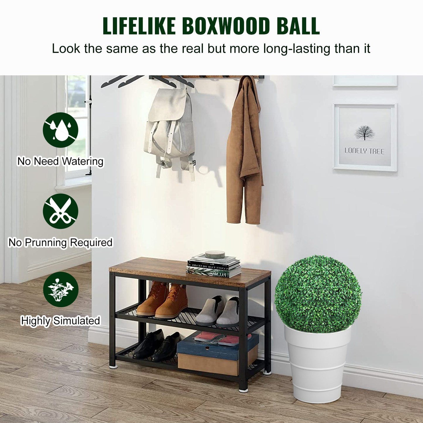 Artificial boxwood topiary balls in white planter near shoe rack in modern entryway