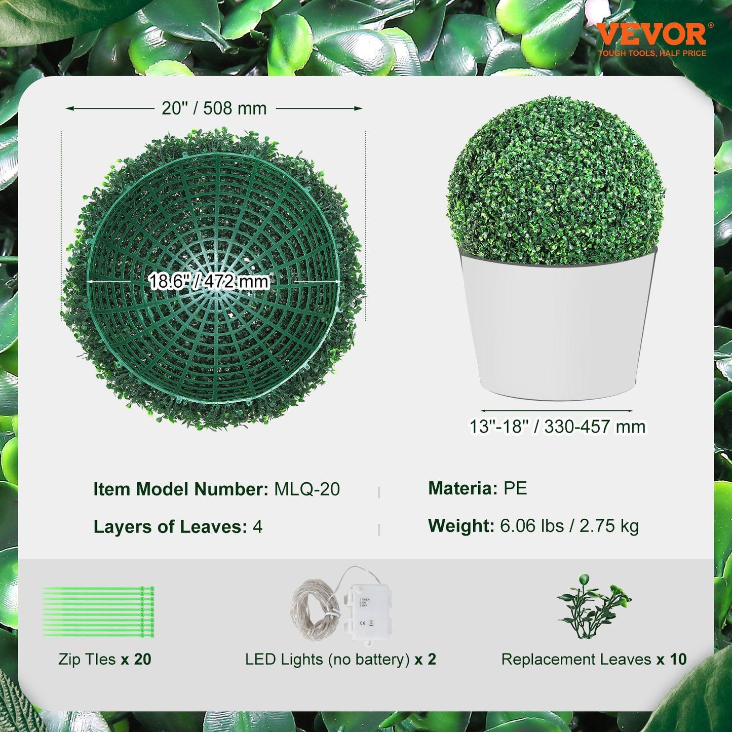Artificial boxwood topiary balls with 20 inch size, multiple layers, included zip ties and LED lights