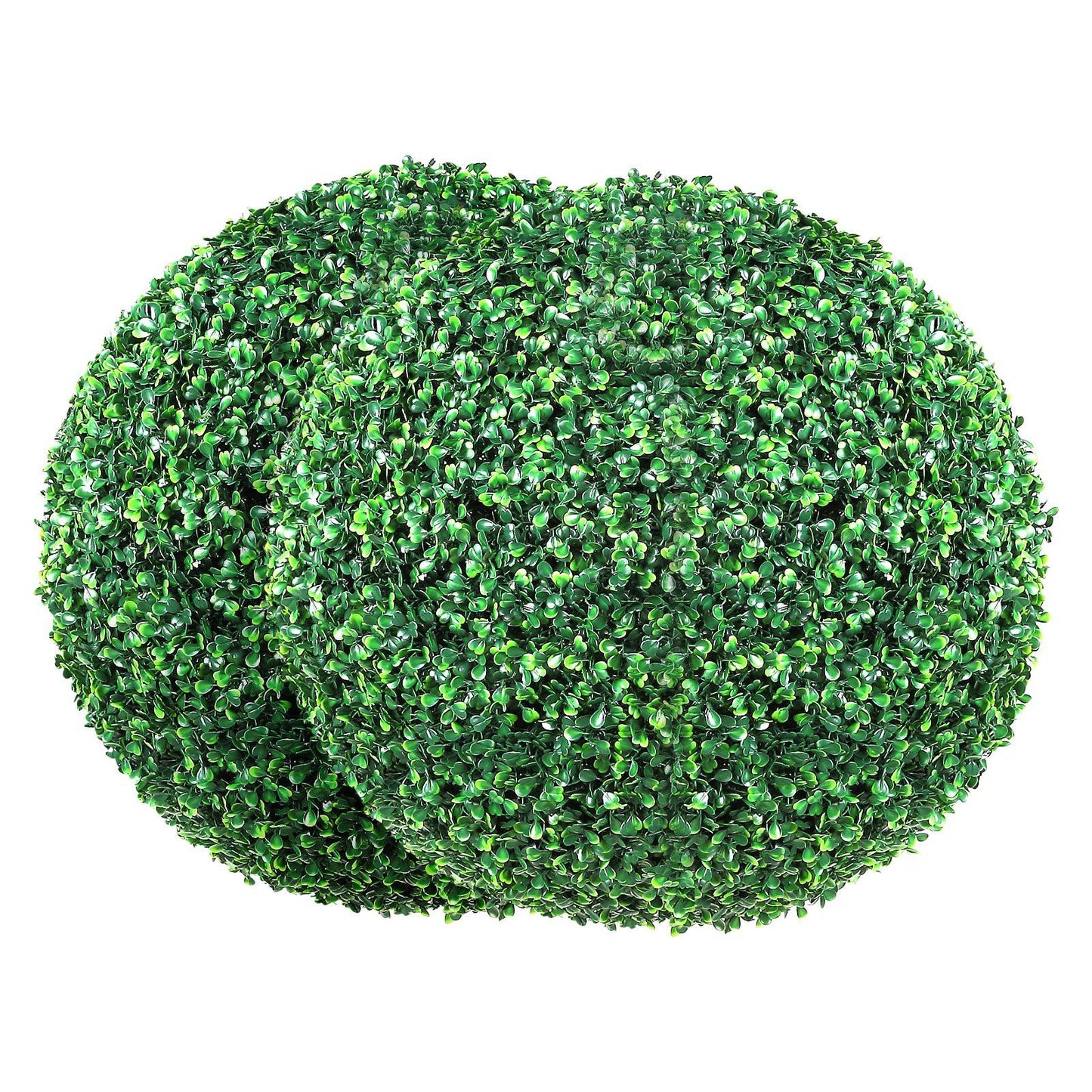 Two green artificial boxwood topiary balls with dense foliage for home or garden decor