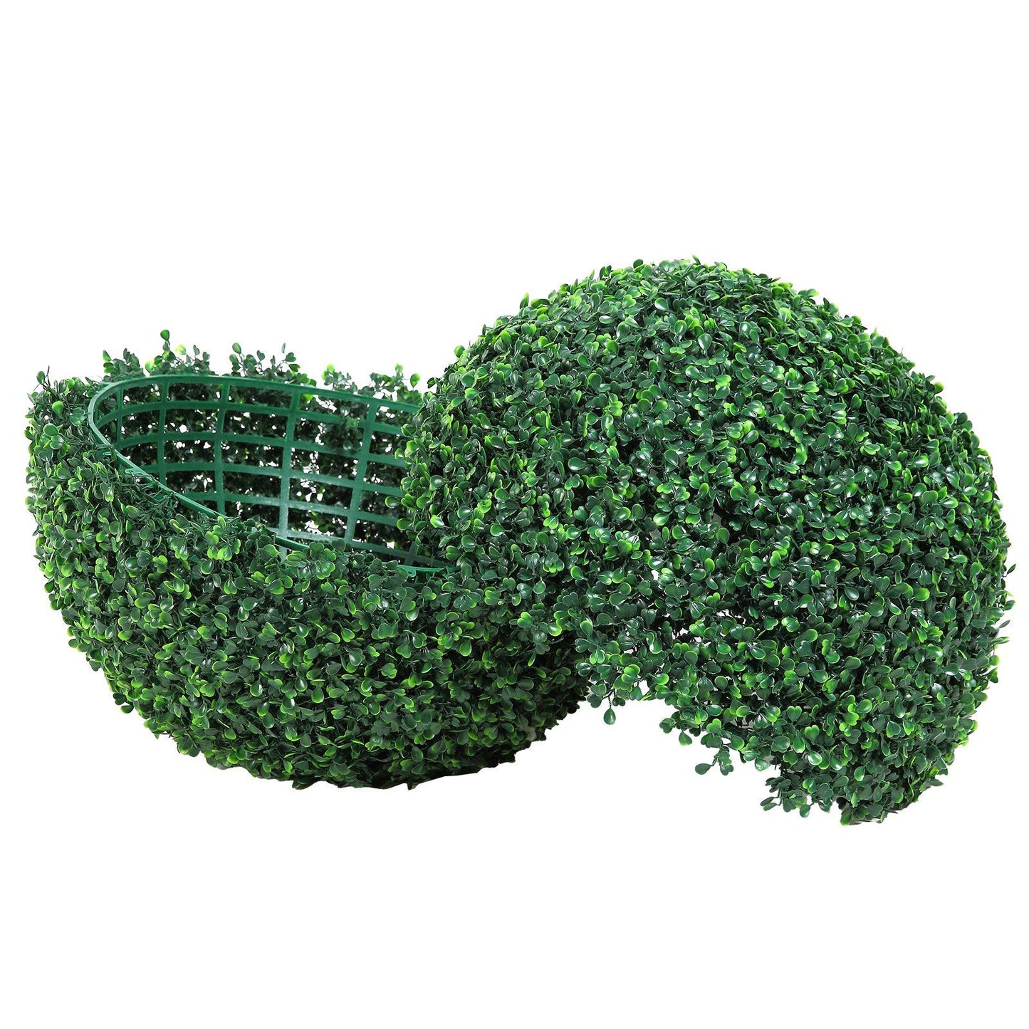 FauxMart.com artificial boxwood topiary balls showing two green half spheres with dense foliage