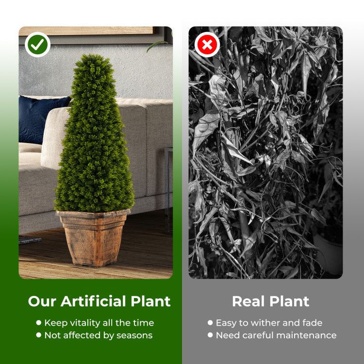 Artificial boxwood topiary tree in a rustic planter showcasing year-round greenery without maintenance
