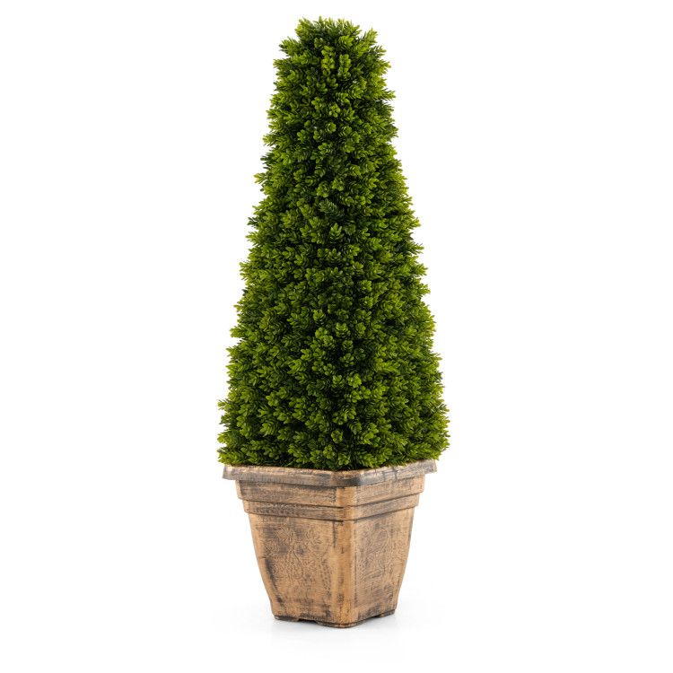 Artificial boxwood topiary tree in a rustic pot for elegant home decor
