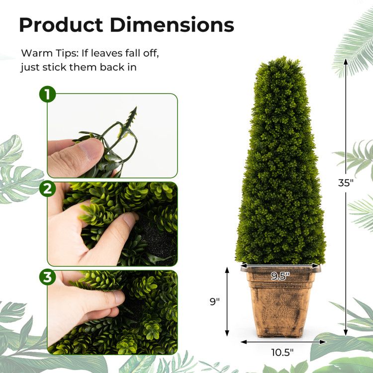 35-inch artificial boxwood topiary tree in a decorative pot with clear dimensions shown