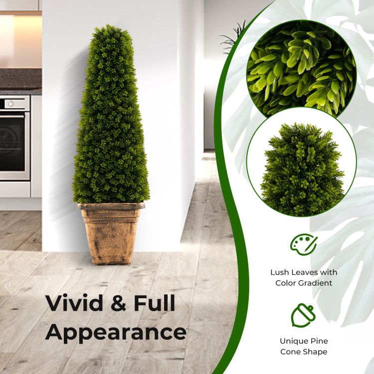 Artificial boxwood topiary tree in a decorative pot displaying a vivid and full appearance