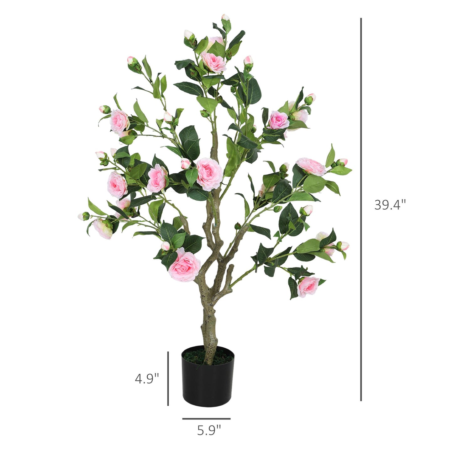 Artificial camellia flowers in pots with pink blooms and green leaves in a black planter