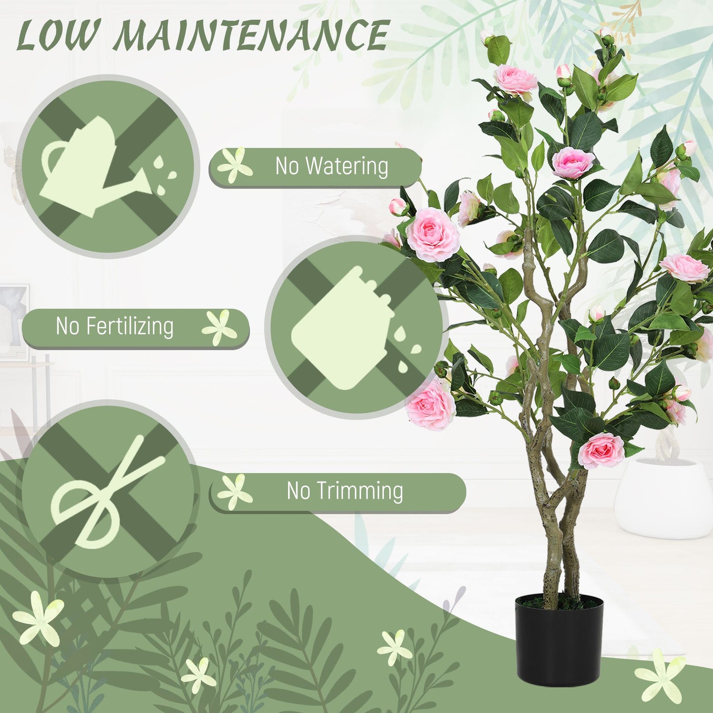 Artificial camellia flowers in pots with pink blooms and green leaves showcasing low maintenance benefits