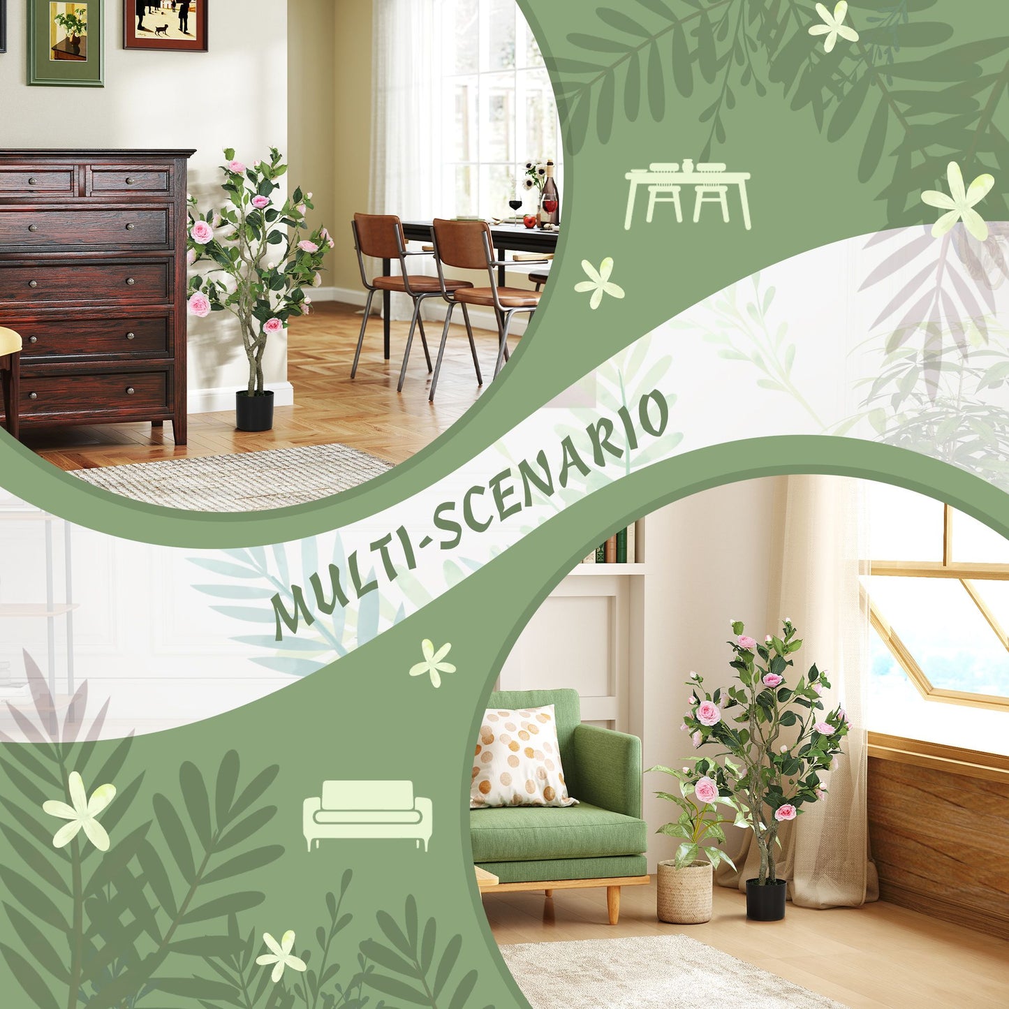 Artificial camellia flowers in pots displayed in stylish living and dining room decor settings by FauxMart.com