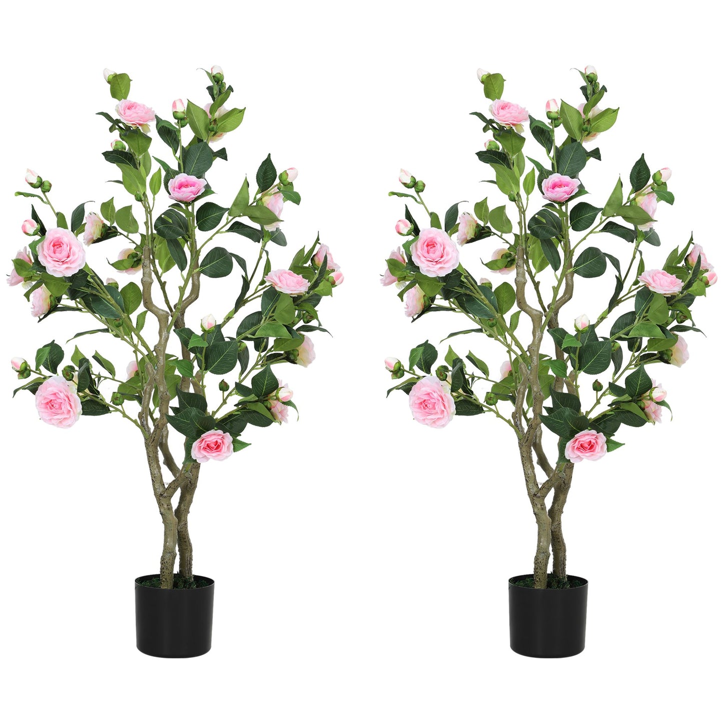 Pair of artificial camellia flowers in pots with pink blossoms and green leaves for home decor