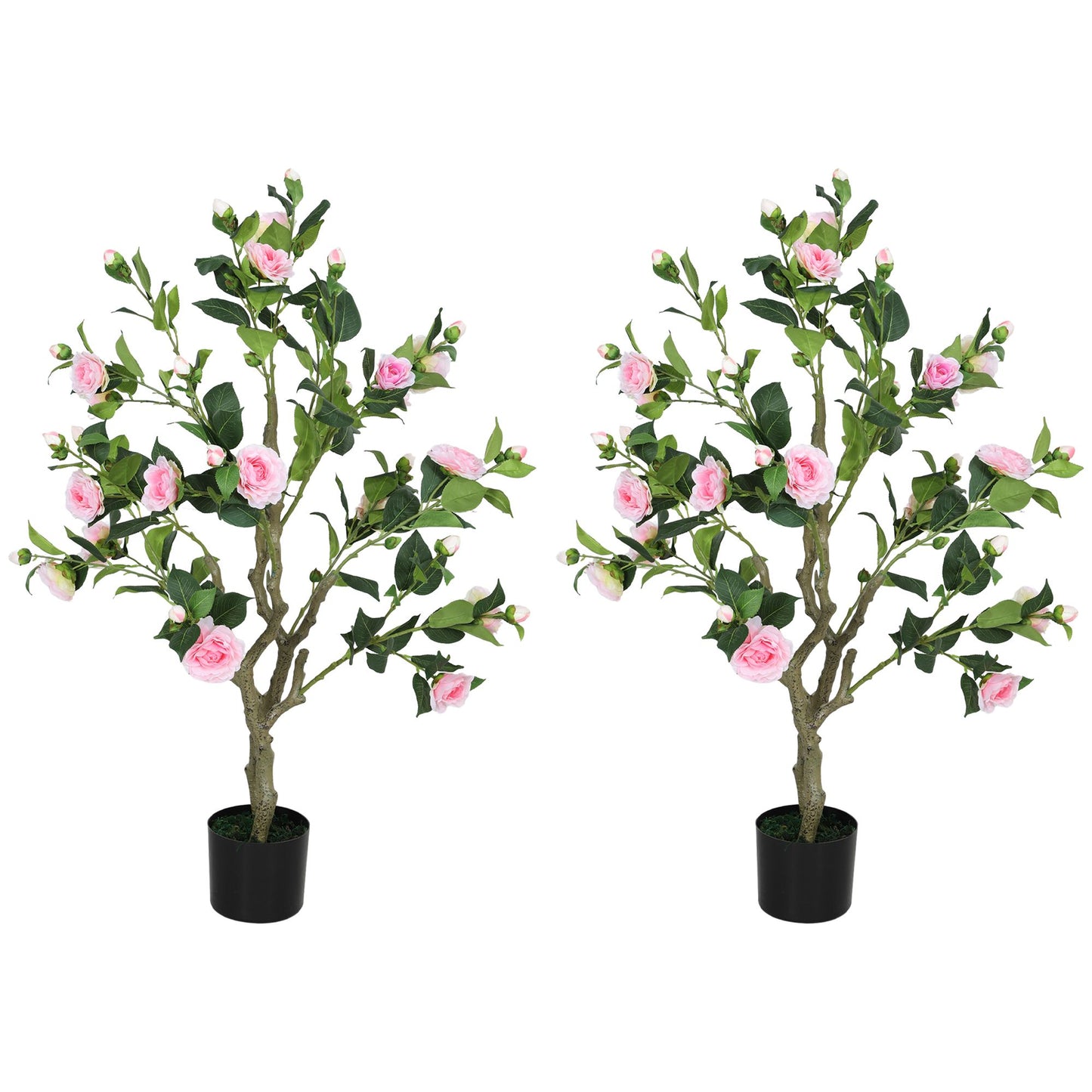 Pair of artificial camellia flowers in pots with pink blooms and green leaves in black containers