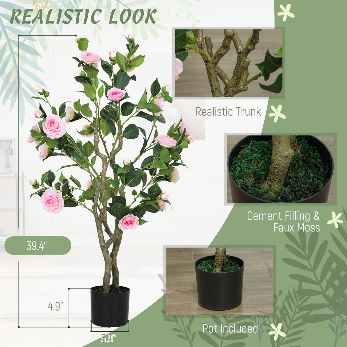Artificial camellia flowers in pots with realistic trunk and faux moss filling in black pot