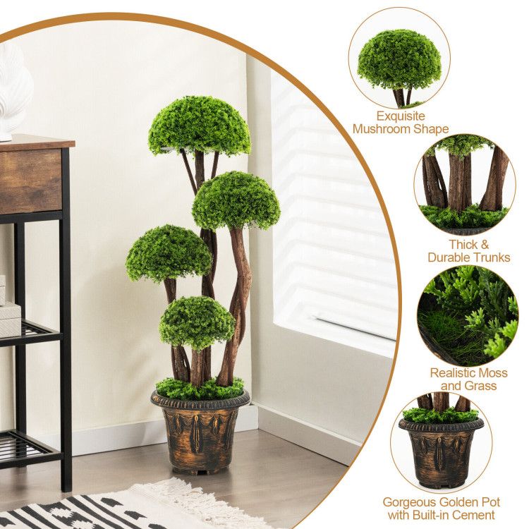 Artificial cedar topiary tree with thick trunks and realistic moss in a golden pot from FauxMart.com