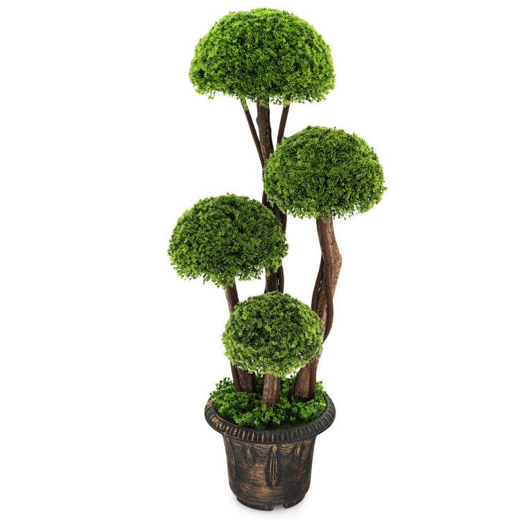 Artificial cedar topiary tree with round green foliage in a decorative brown planter from FauxMart.com