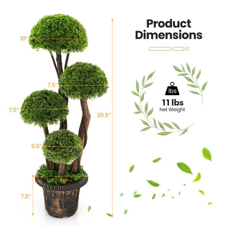 Artificial cedar topiary tree with four round green foliage clusters in decorative pot, 35.5 inches tall